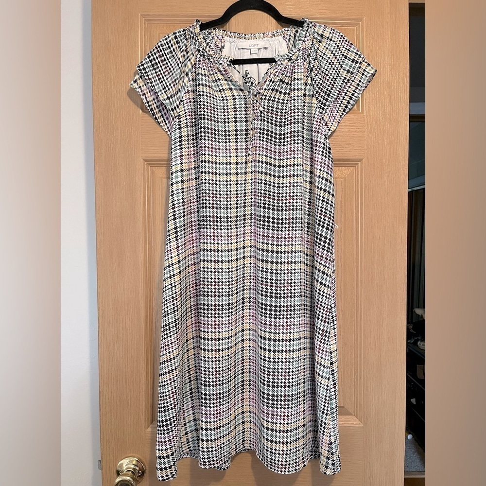 Loft Plaid Flutter Sleeve Button Dress